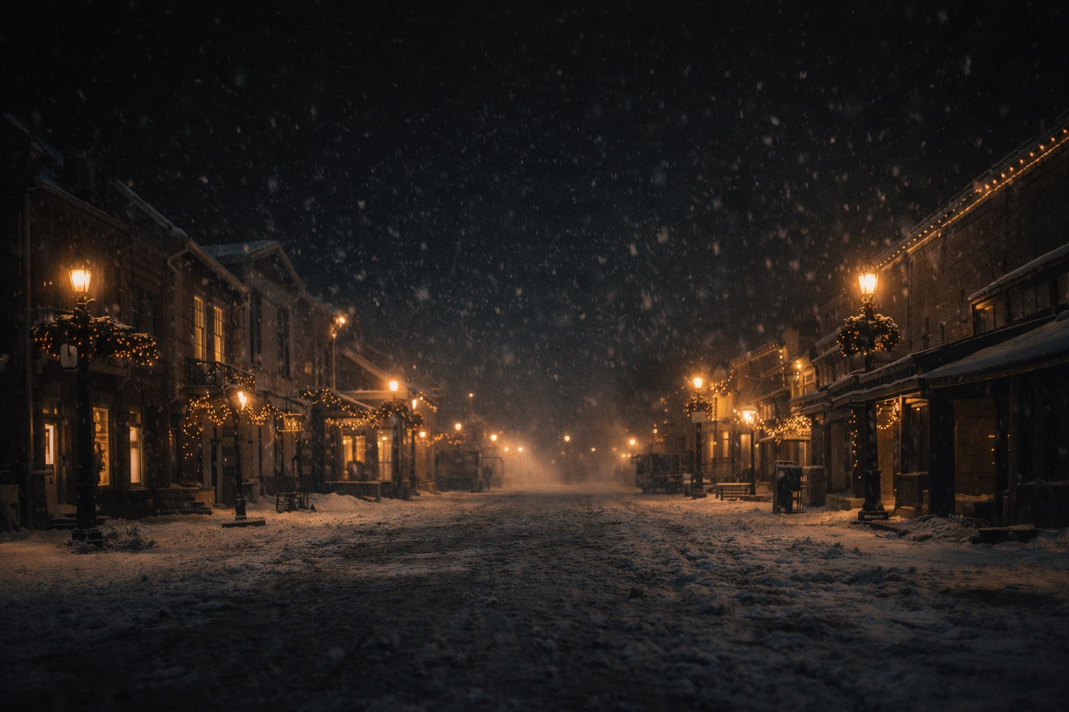 Snowbound town street at night